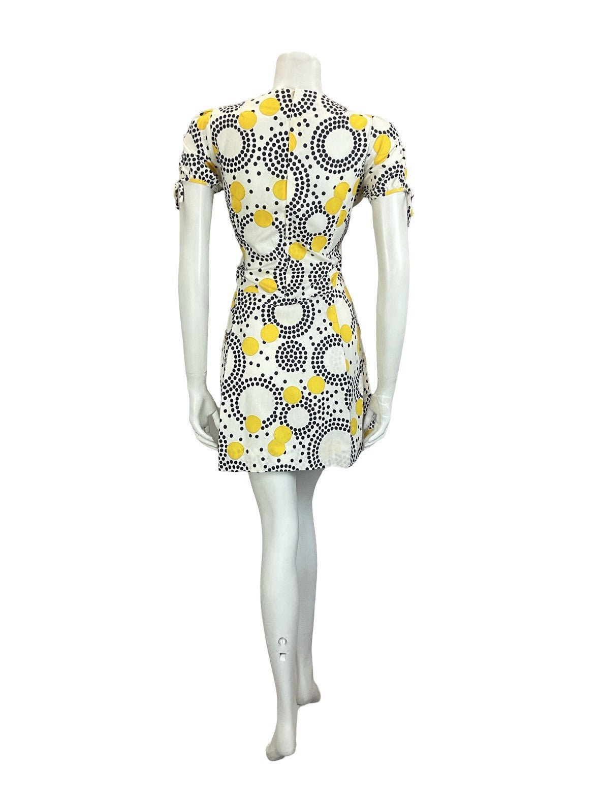 VTG 60S 70S WHITE BLUE YELLOW GEOMETRIC DOT PUFF SLEEVE PLEATED MINI DRESS 12