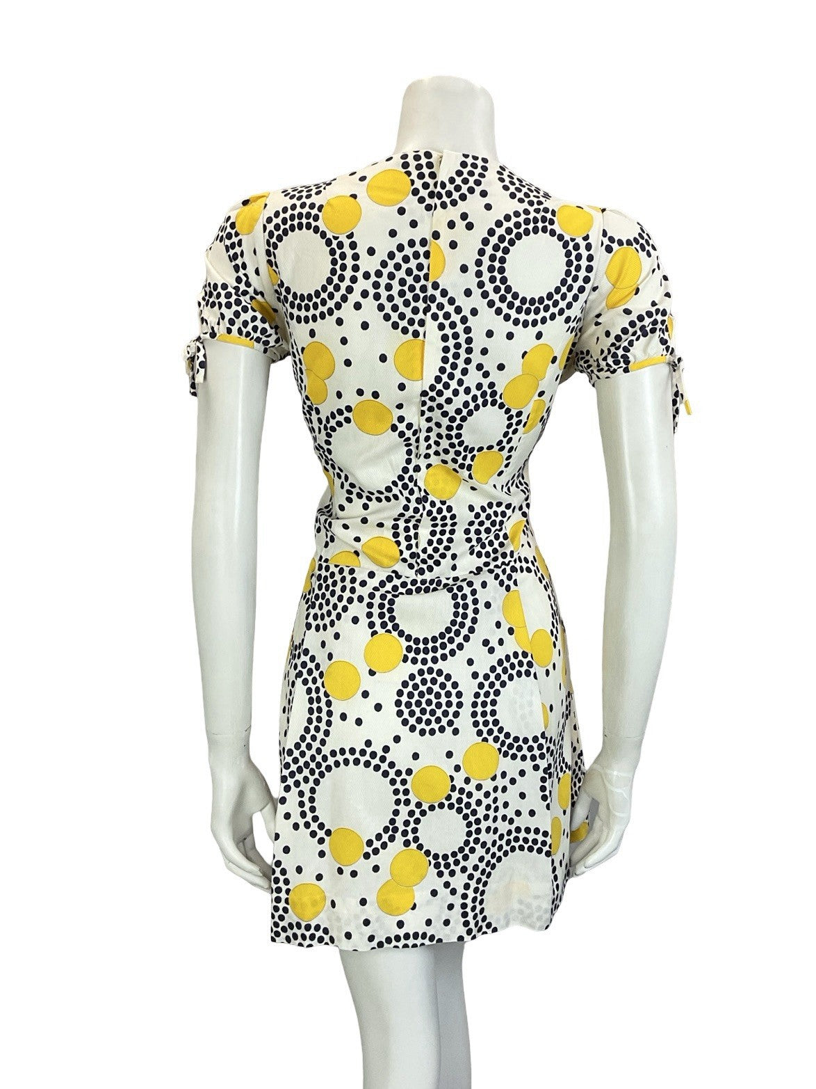 VTG 60S 70S WHITE BLUE YELLOW GEOMETRIC DOT PUFF SLEEVE PLEATED MINI DRESS 12