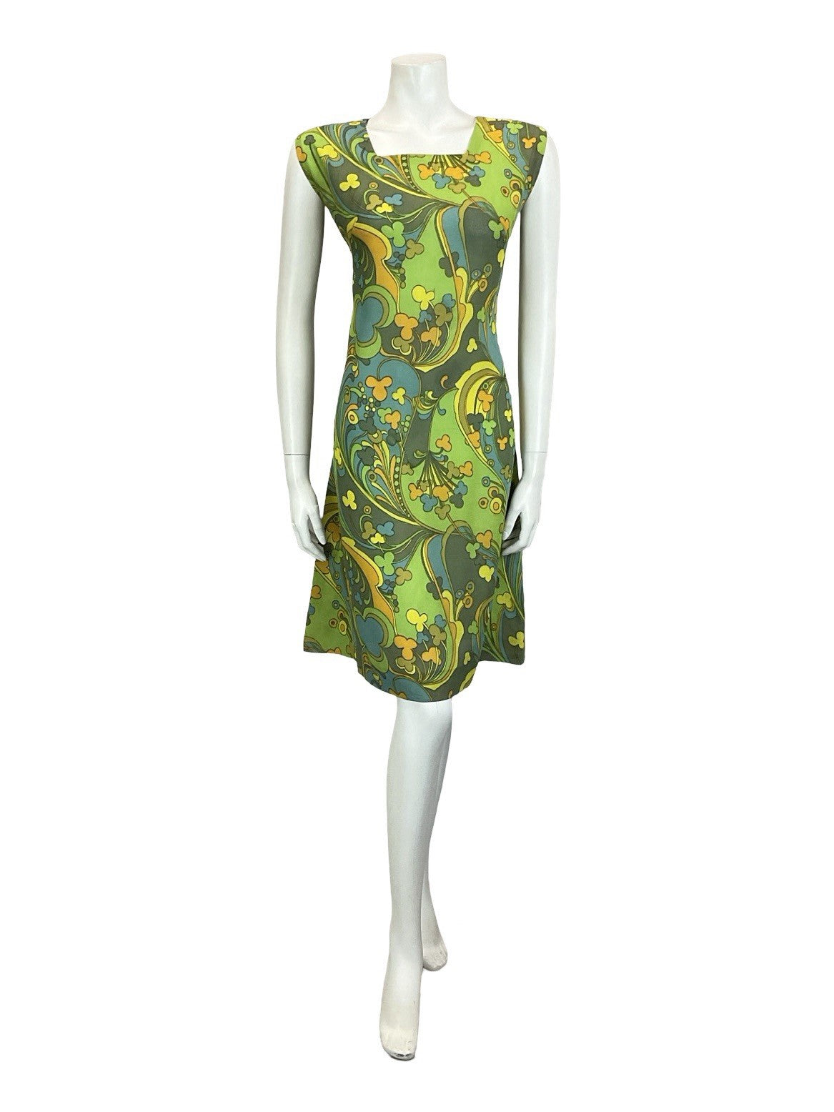 VTG 60S MOD PSYCHEDELIC GREEN YELLOW ORANGE BLUE SWIRL CLOVER SHIFT DRESS 14