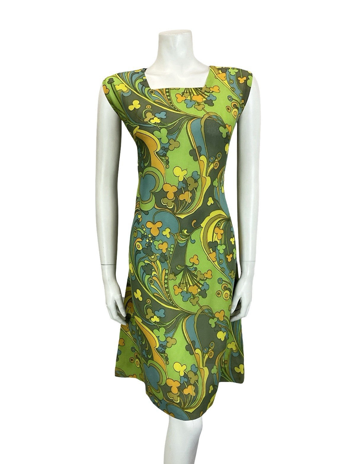 VTG 60S MOD PSYCHEDELIC GREEN YELLOW ORANGE BLUE SWIRL CLOVER SHIFT DRESS 14