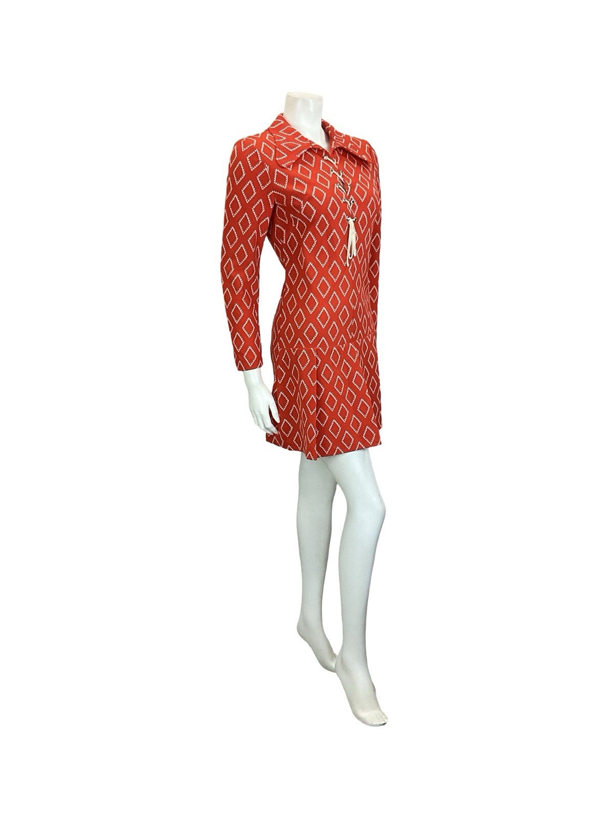 VTG 60S 70S RED WHITE DIAMOND LACE UP DOG EAR DROPPED WAIST SHIRT DRESS 8 10