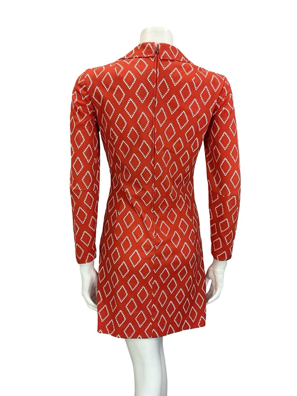 VTG 60S 70S RED WHITE DIAMOND LACE UP DOG EAR DROPPED WAIST SHIRT DRESS 8 10