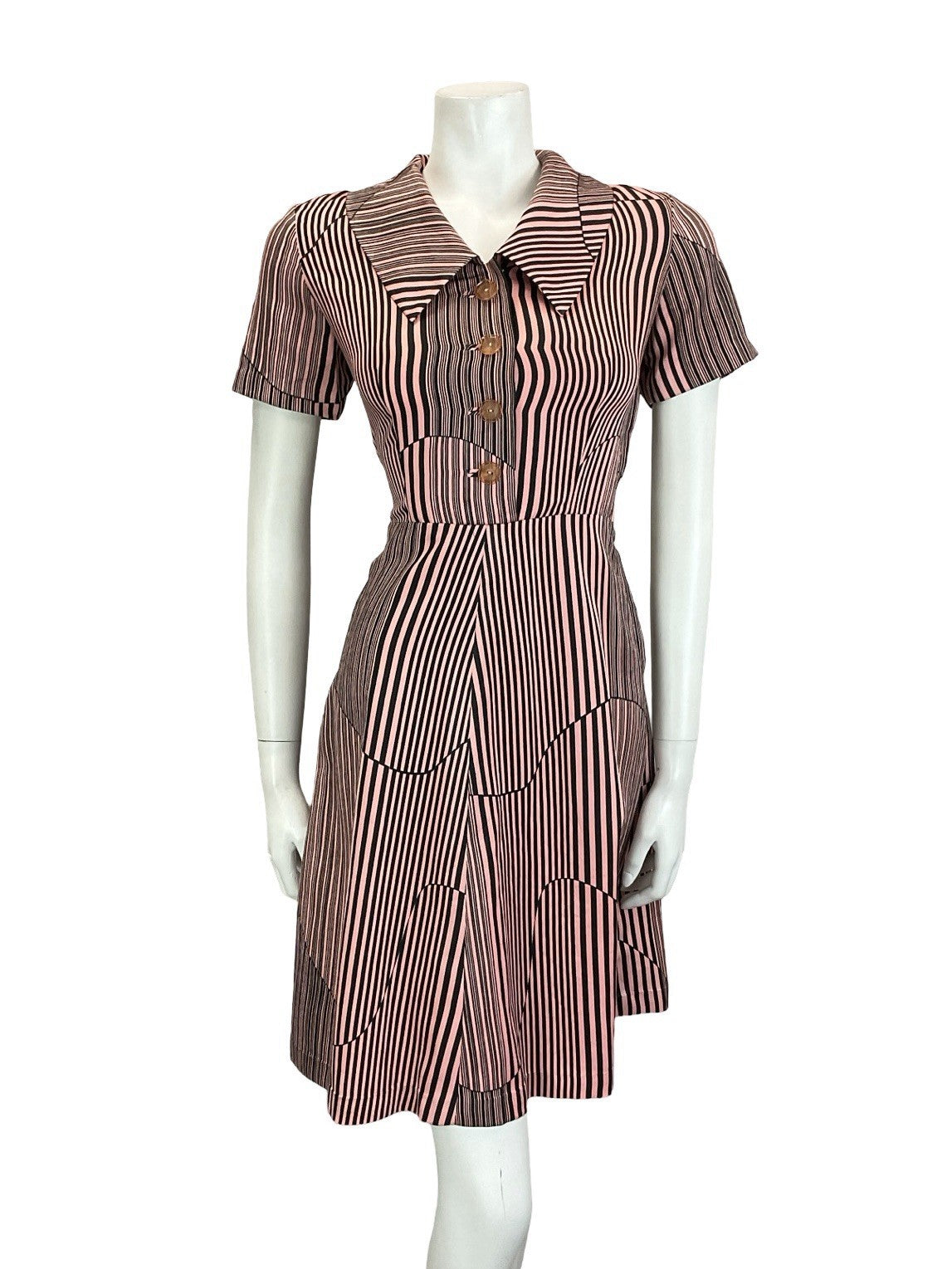 VTG 60S 70S PINK BLACK GEOMETRIC STRIPED DAGGER COLLAR A LINE SHIRT DRESS 10