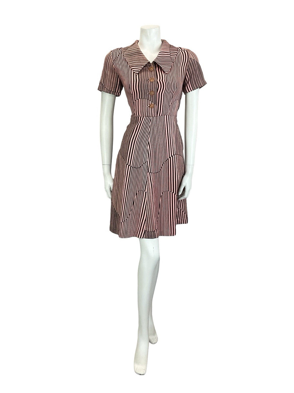 VTG 60S 70S PINK BLACK GEOMETRIC STRIPED DAGGER COLLAR A LINE SHIRT DRESS 10
