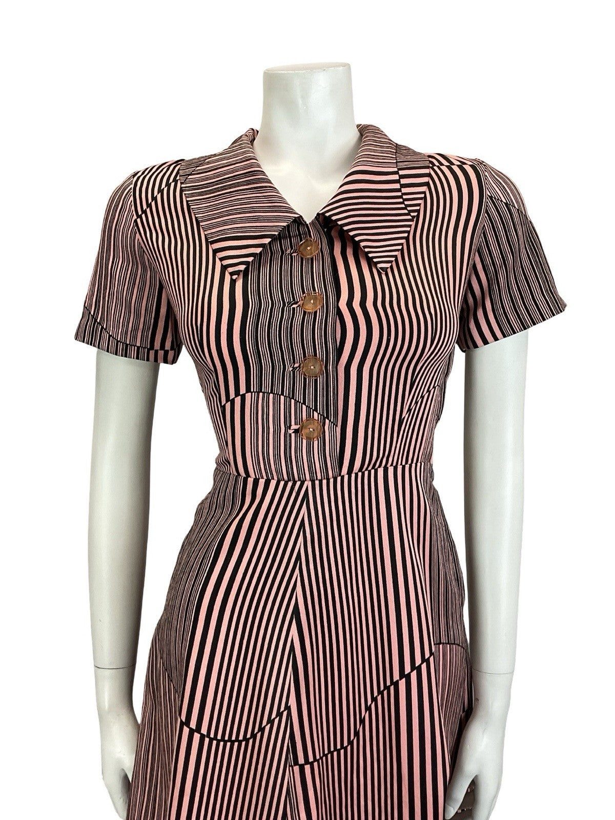 VTG 60S 70S PINK BLACK GEOMETRIC STRIPED DAGGER COLLAR A LINE SHIRT DRESS 10