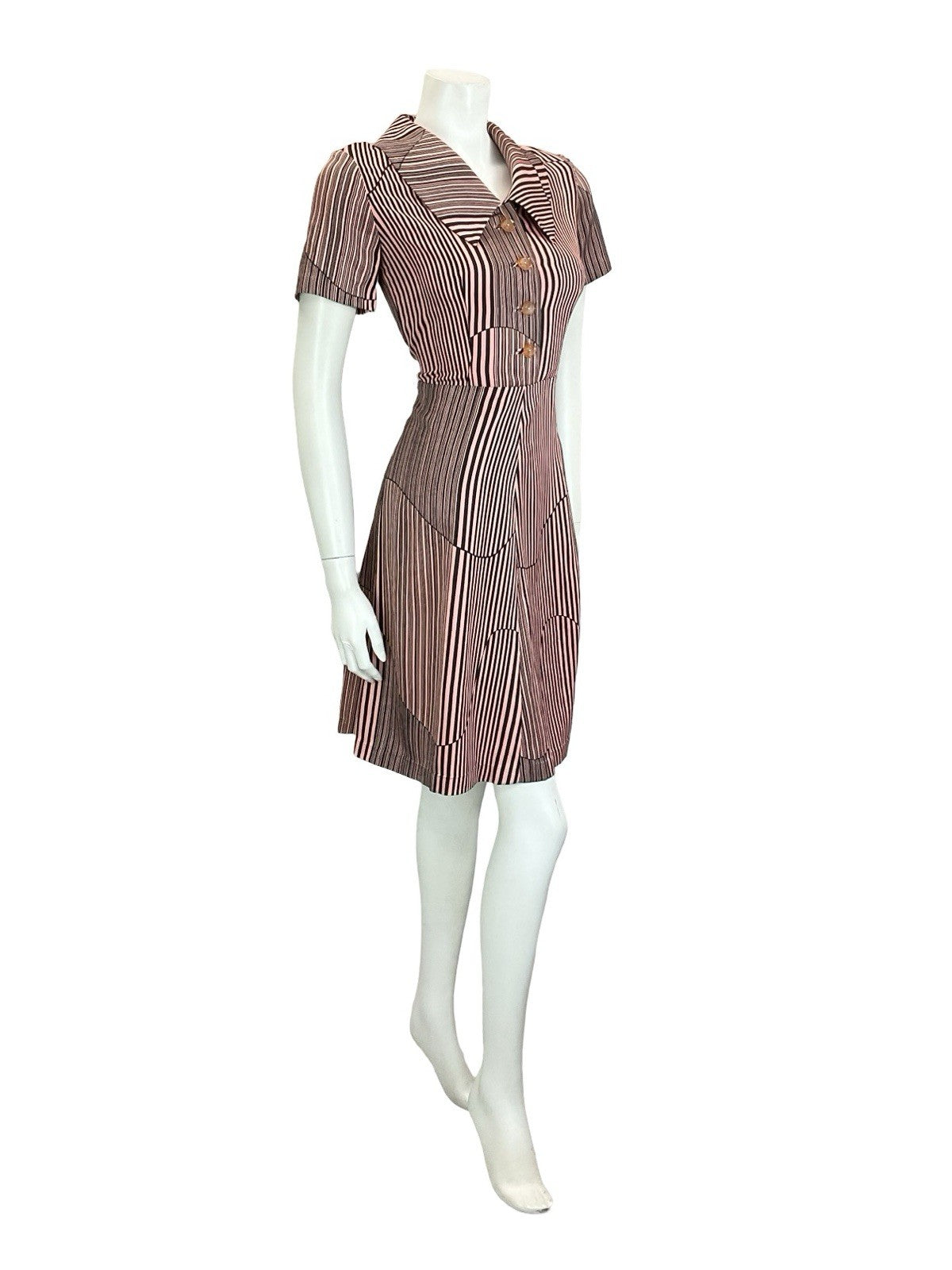 VTG 60S 70S PINK BLACK GEOMETRIC STRIPED DAGGER COLLAR A LINE SHIRT DRESS 10