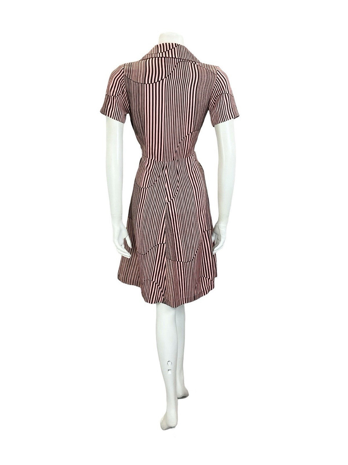 VTG 60S 70S PINK BLACK GEOMETRIC STRIPED DAGGER COLLAR A LINE SHIRT DRESS 10