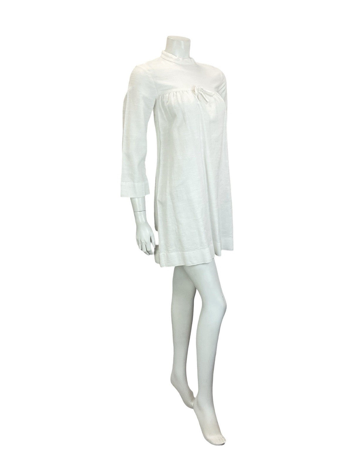 VTG 60S MOD GOGO WHITE BRIDAL COTTON 3/4 SLEEVE BOW SMOCK TENT DRESS 8