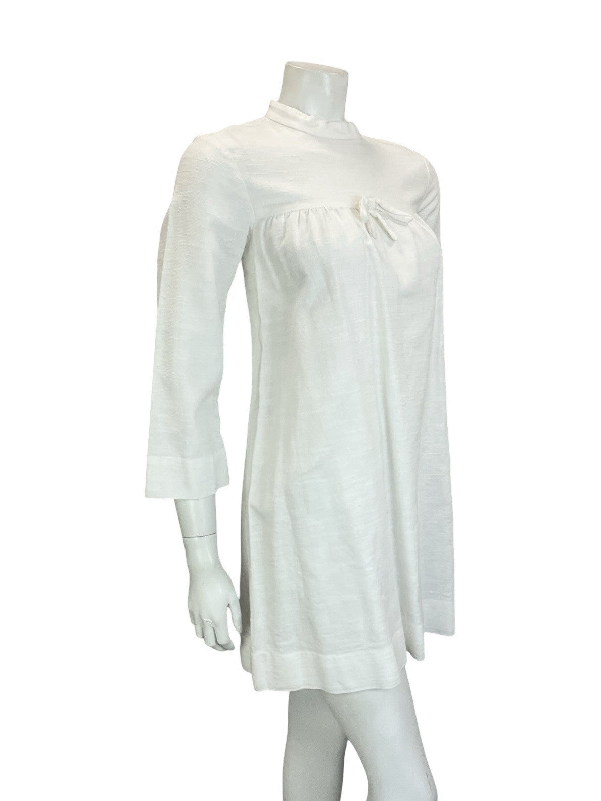 VTG 60S MOD GOGO WHITE BRIDAL COTTON 3/4 SLEEVE BOW SMOCK TENT DRESS 8