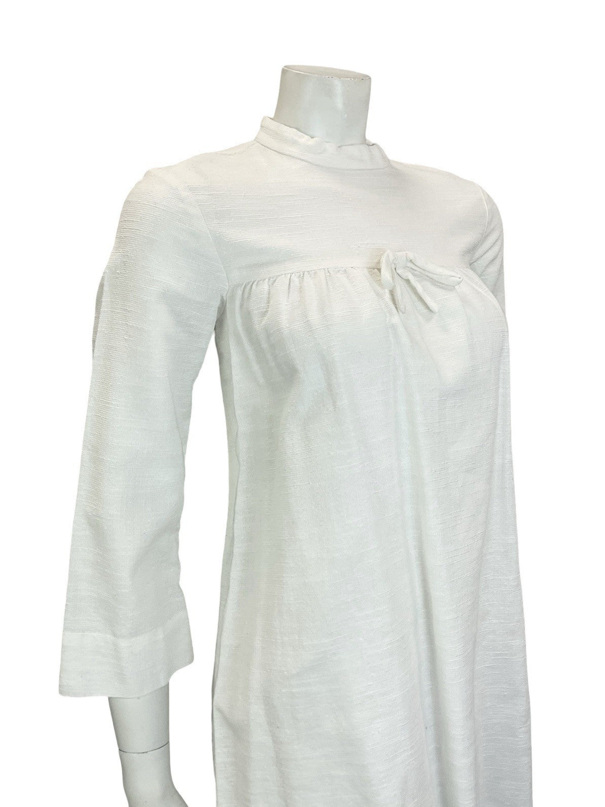 VTG 60S MOD GOGO WHITE BRIDAL COTTON 3/4 SLEEVE BOW SMOCK TENT DRESS 8