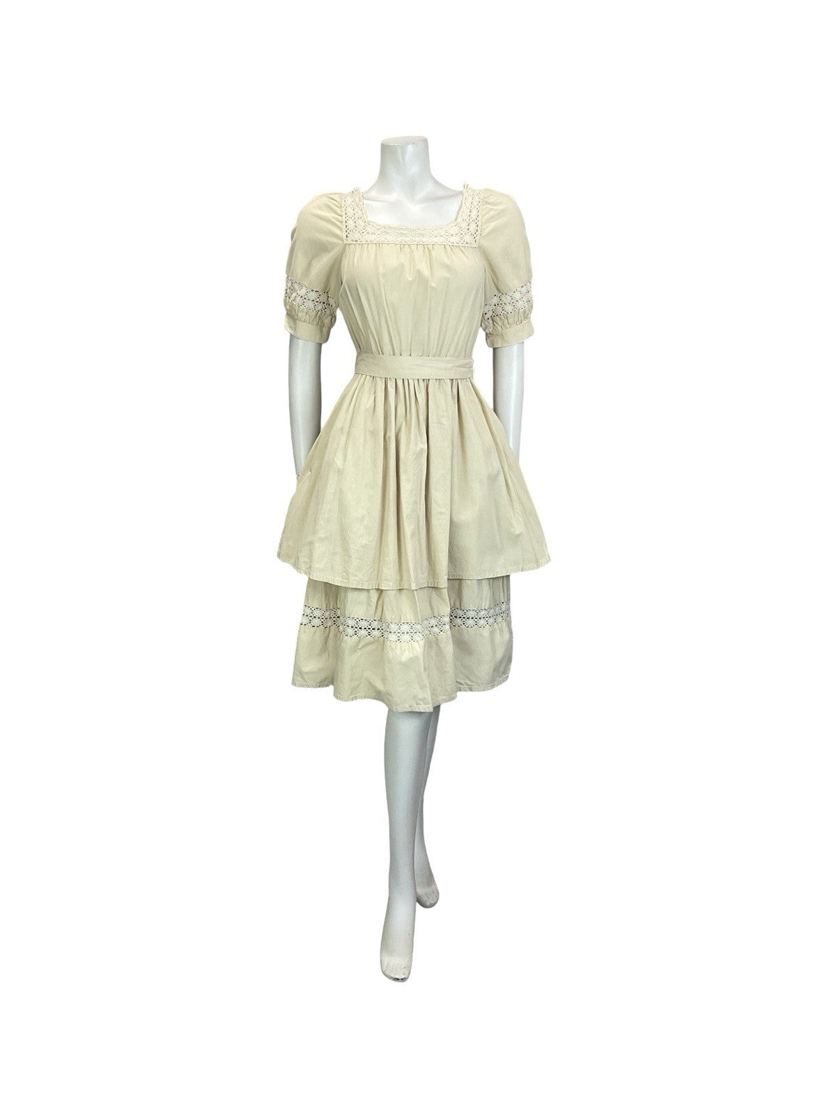VTG 60S 70S CREAM LINEN CROCHET LACE PUFF SLEEVE PEPLUM FOLK PRAIRIE DRESS 10