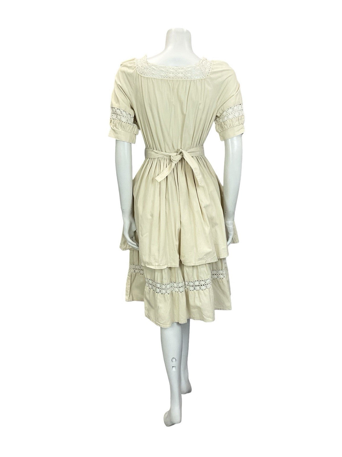 VTG 60S 70S CREAM LINEN CROCHET LACE PUFF SLEEVE PEPLUM FOLK PRAIRIE DRESS 10