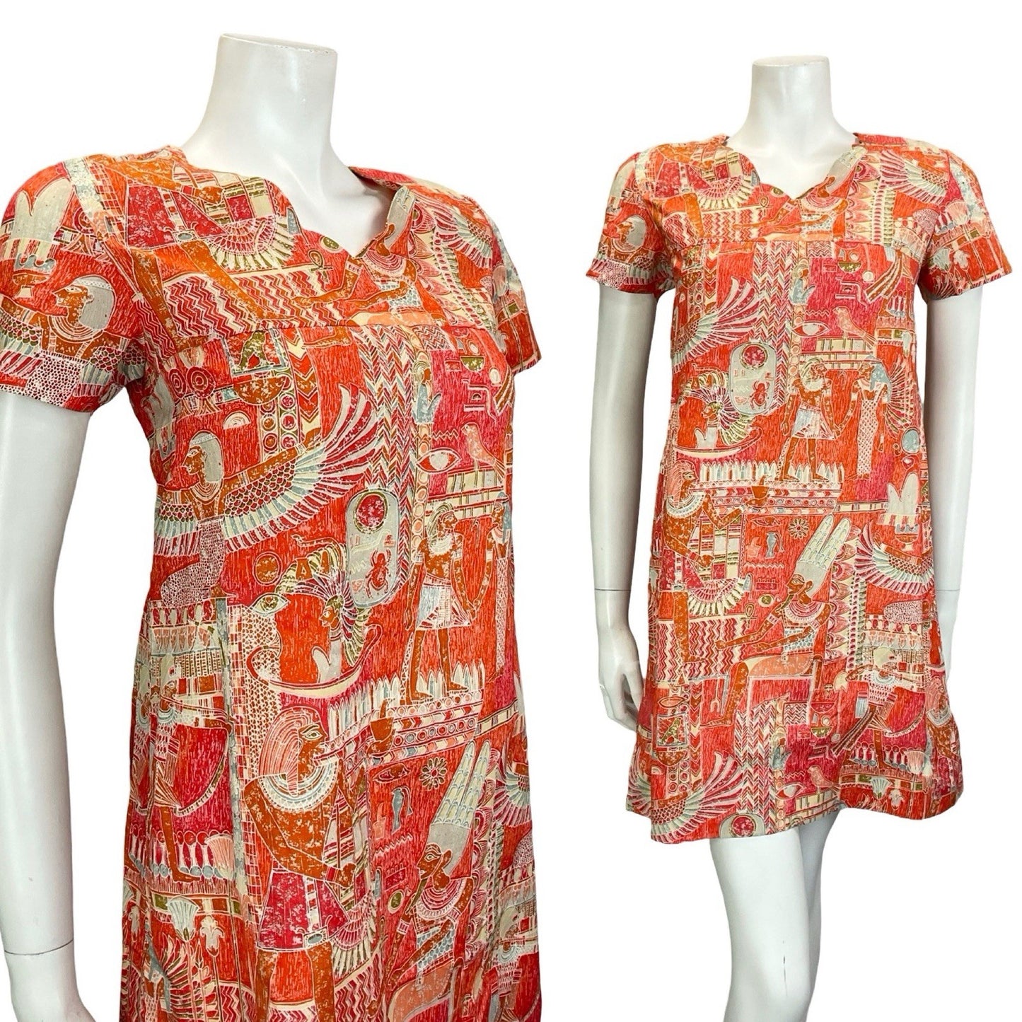 VTG 60S 70S RED ORANGE WHITE GREY EGYPTIAN SCALLOP V NECK SMOCK SHIFT DRESS 8