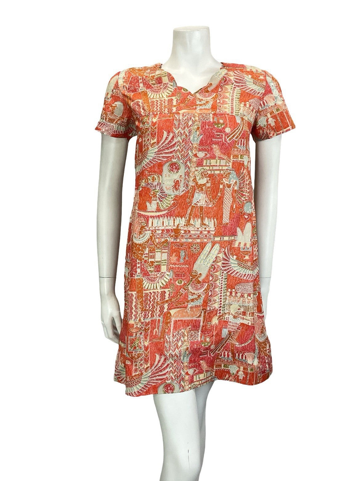 VTG 60S 70S RED ORANGE WHITE GREY EGYPTIAN SCALLOP V NECK SMOCK SHIFT DRESS 8