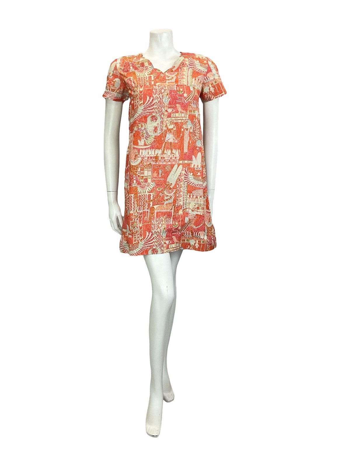 VTG 60S 70S RED ORANGE WHITE GREY EGYPTIAN SCALLOP V NECK SMOCK SHIFT DRESS 8