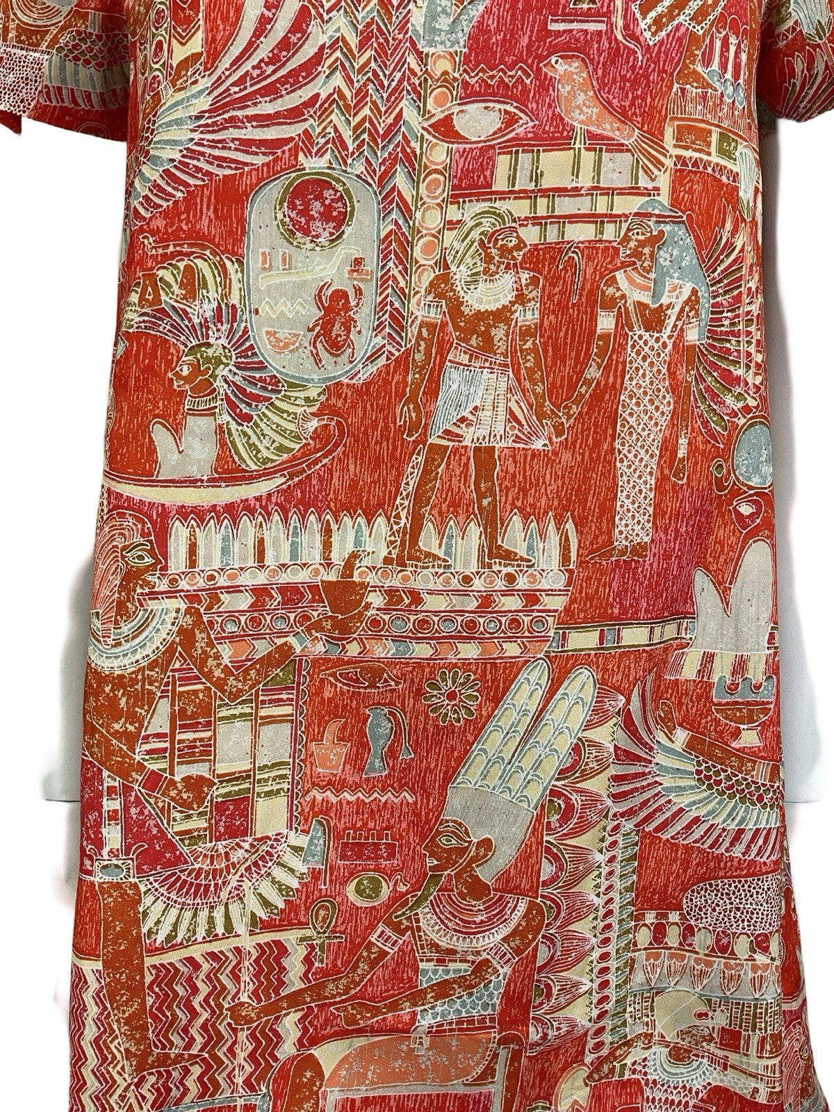 VTG 60S 70S RED ORANGE WHITE GREY EGYPTIAN SCALLOP V NECK SMOCK SHIFT DRESS 8