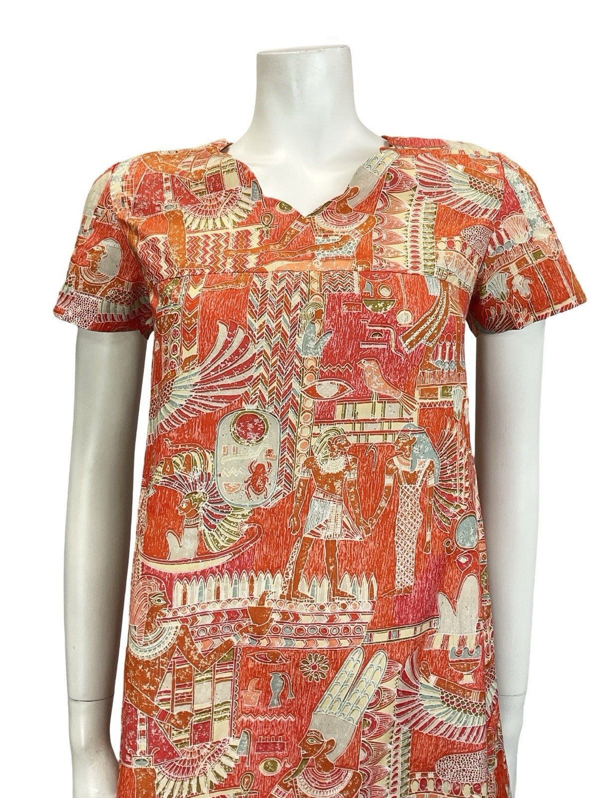 VTG 60S 70S RED ORANGE WHITE GREY EGYPTIAN SCALLOP V NECK SMOCK SHIFT DRESS 8