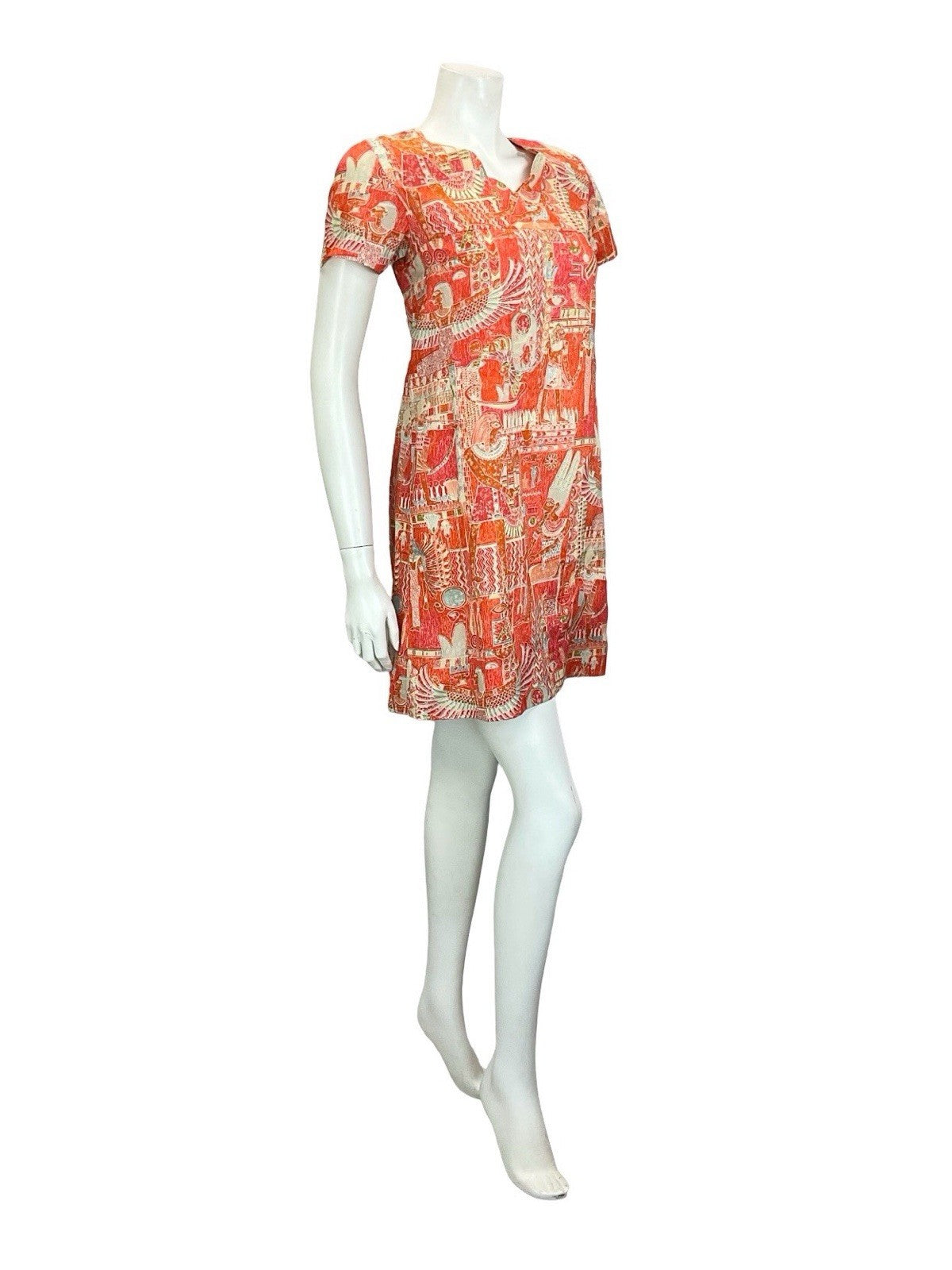 VTG 60S 70S RED ORANGE WHITE GREY EGYPTIAN SCALLOP V NECK SMOCK SHIFT DRESS 8
