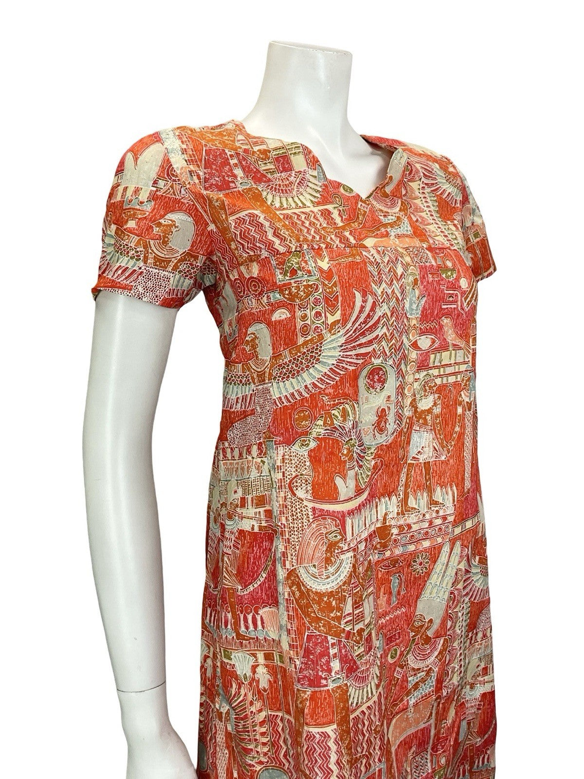 VTG 60S 70S RED ORANGE WHITE GREY EGYPTIAN SCALLOP V NECK SMOCK SHIFT DRESS 8