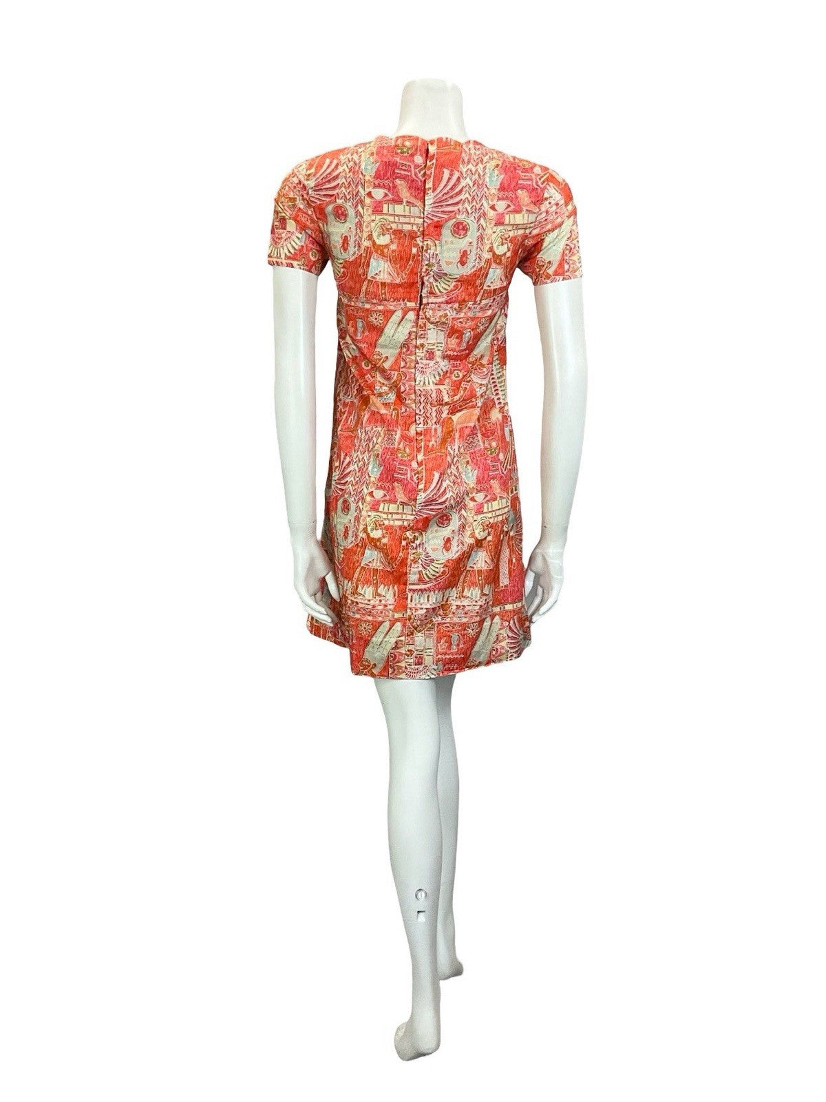 VTG 60S 70S RED ORANGE WHITE GREY EGYPTIAN SCALLOP V NECK SMOCK SHIFT DRESS 8