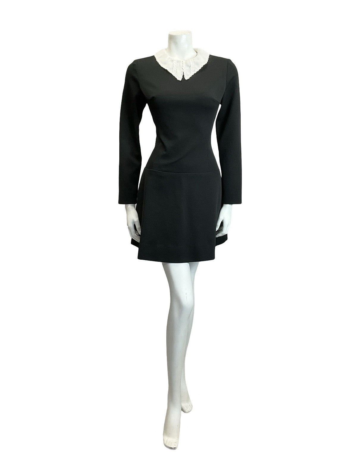 VTG 60S 70S BLACK WHITE LACE DAGGER COLLAR DROPPED WAIST GOTHIC MOD DRESS 10
