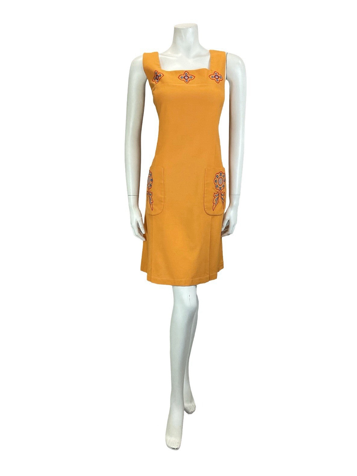 VTG 60S 70S ORANGE BLUE RED FOLK EMBROIDERED SMOCK PINAFORE DRESS W/ POCKETS 14