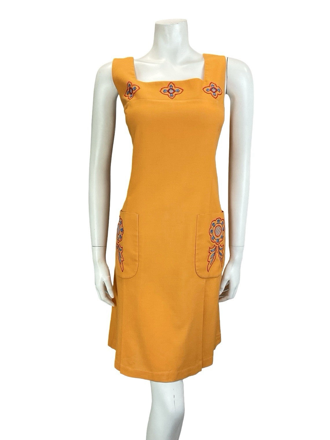 VTG 60S 70S ORANGE BLUE RED FOLK EMBROIDERED SMOCK PINAFORE DRESS W/ POCKETS 14