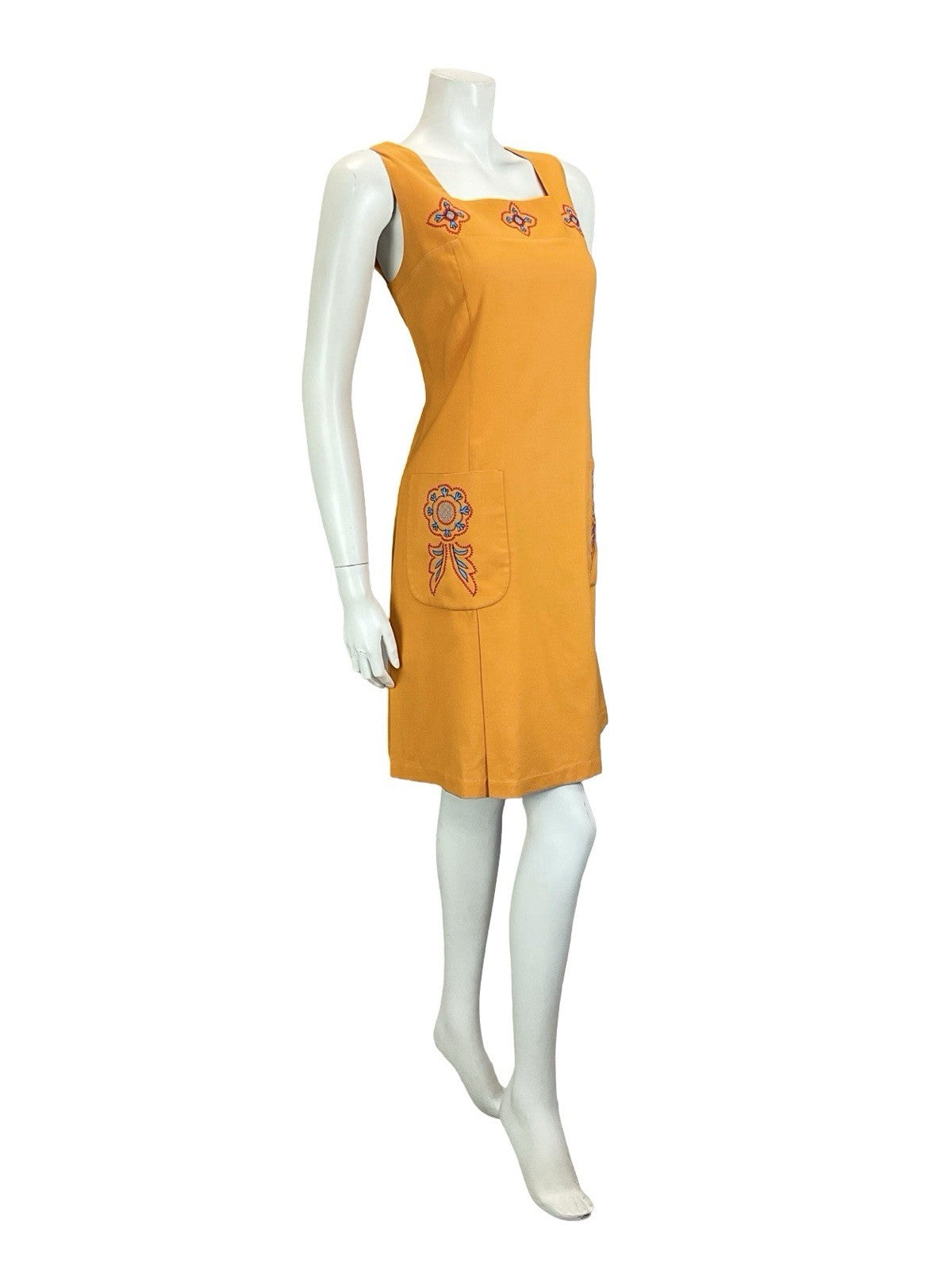 VTG 60S 70S ORANGE BLUE RED FOLK EMBROIDERED SMOCK PINAFORE DRESS W/ POCKETS 14