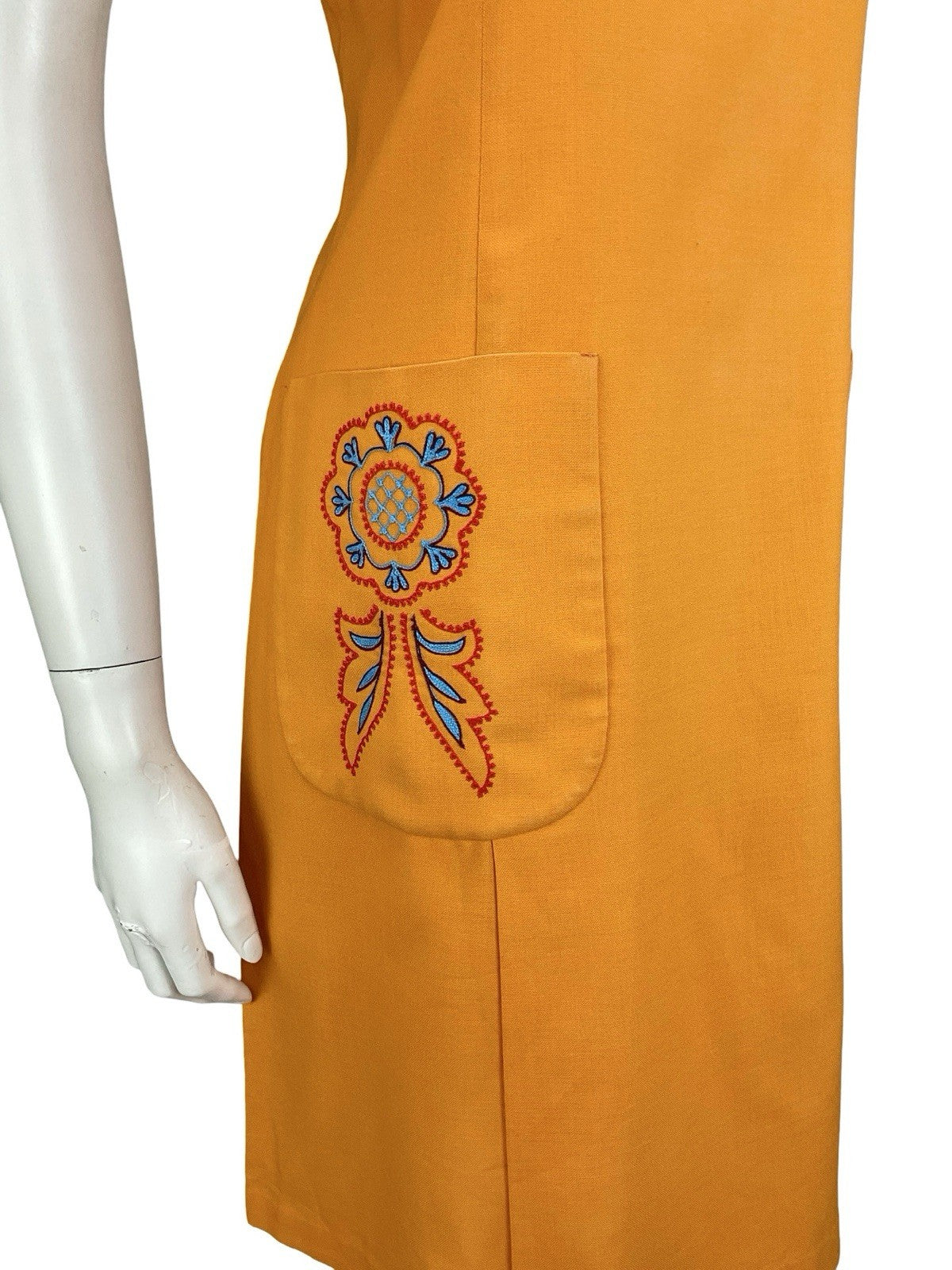 VTG 60S 70S ORANGE BLUE RED FOLK EMBROIDERED SMOCK PINAFORE DRESS W/ POCKETS 14