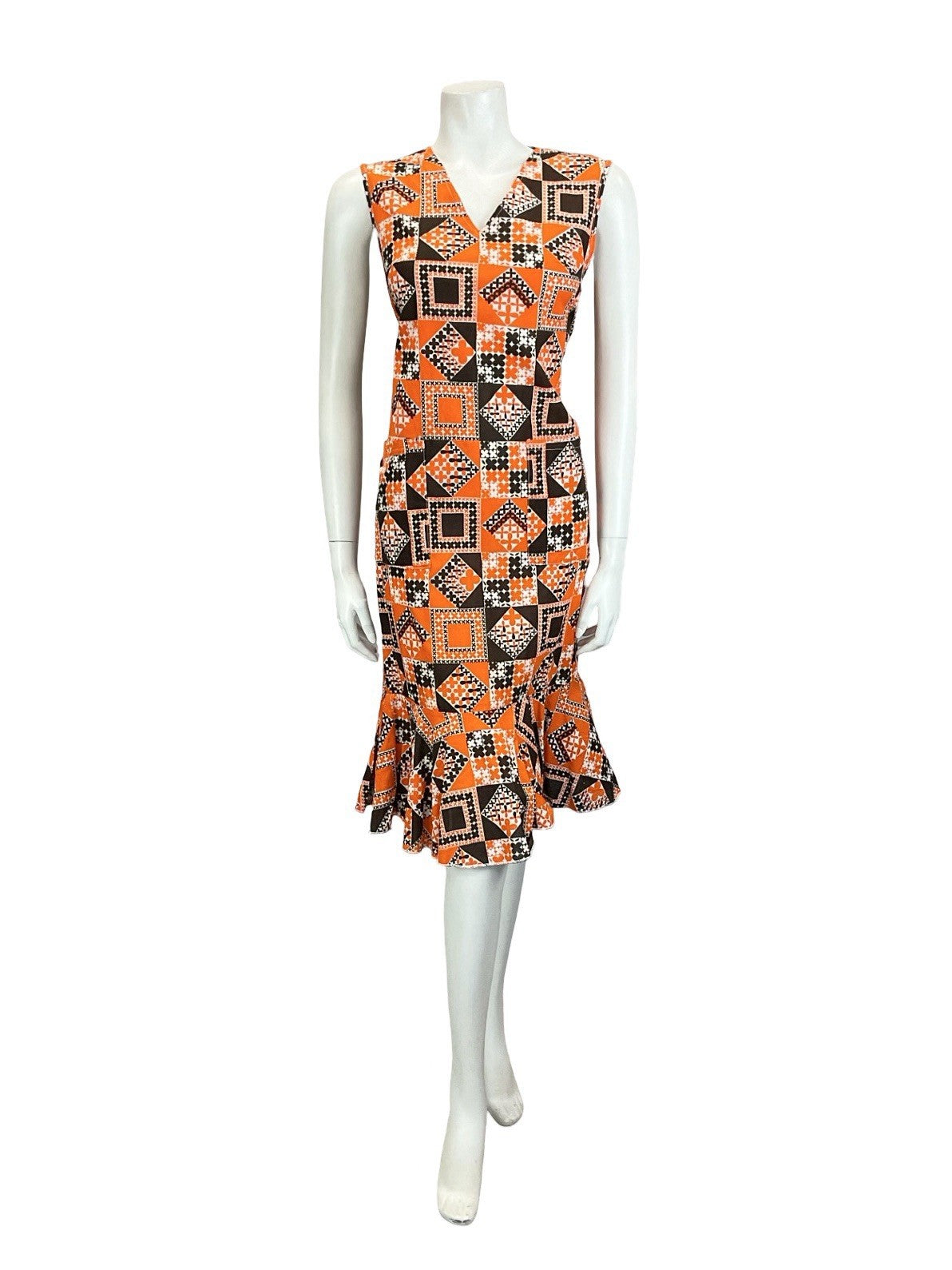 VTG 60S 70S BROWN ORANGE WHITE GEOMETRIC FLORAL TILED V NECK RUFFLE DRESS 12