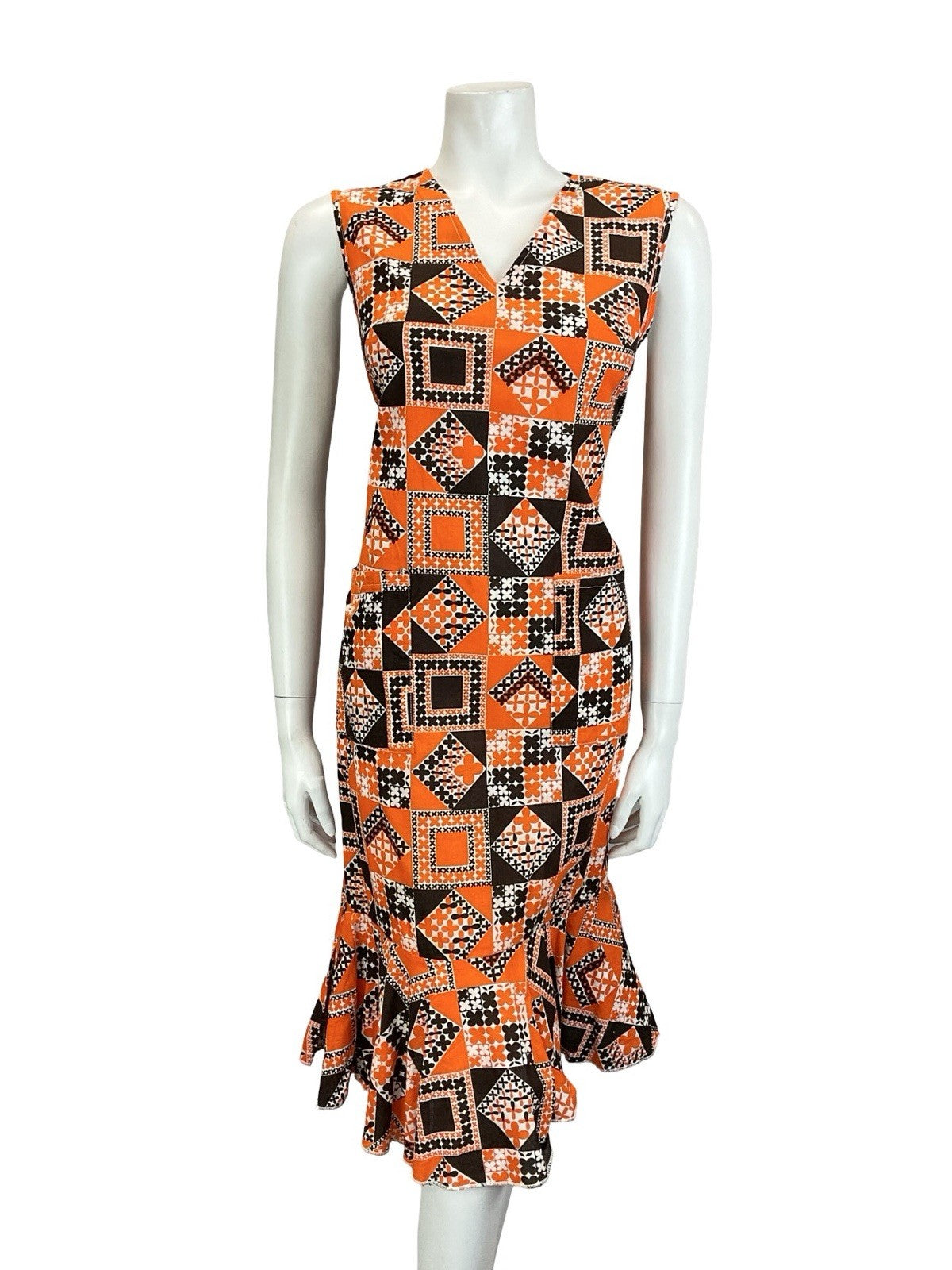 VTG 60S 70S BROWN ORANGE WHITE GEOMETRIC FLORAL TILED V NECK RUFFLE DRESS 12