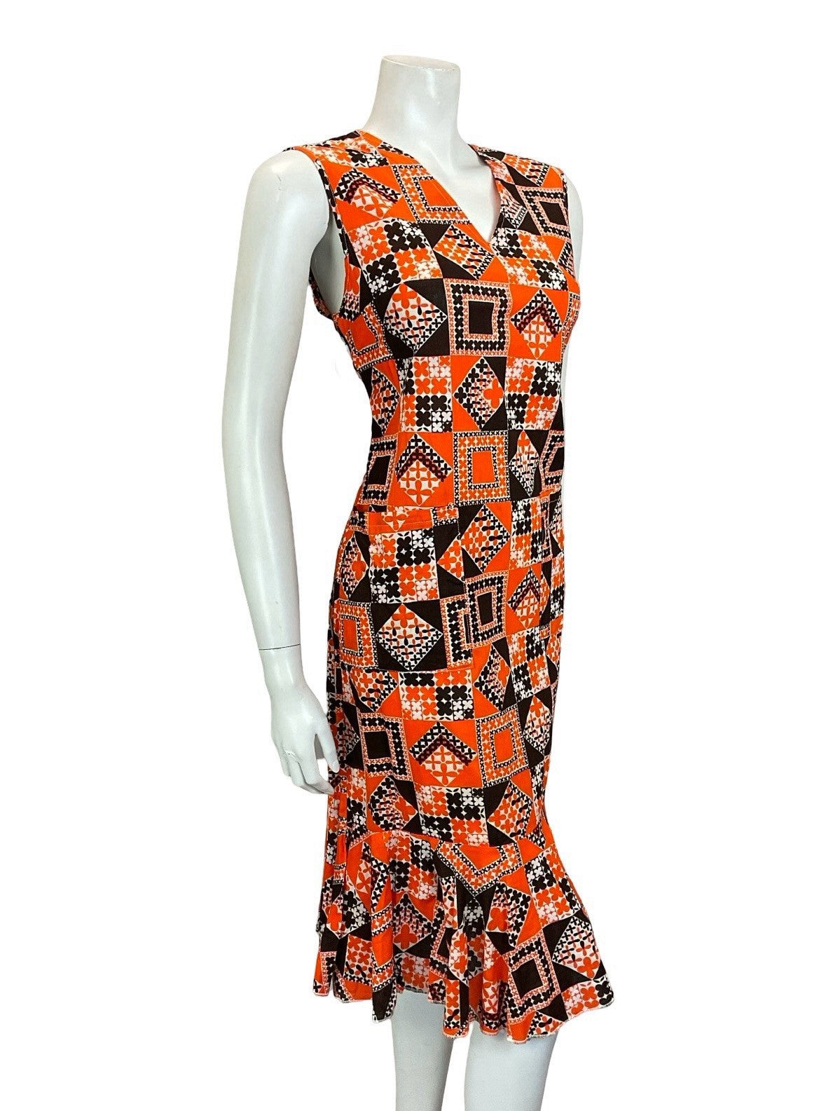 VTG 60S 70S BROWN ORANGE WHITE GEOMETRIC FLORAL TILED V NECK RUFFLE DRESS 12