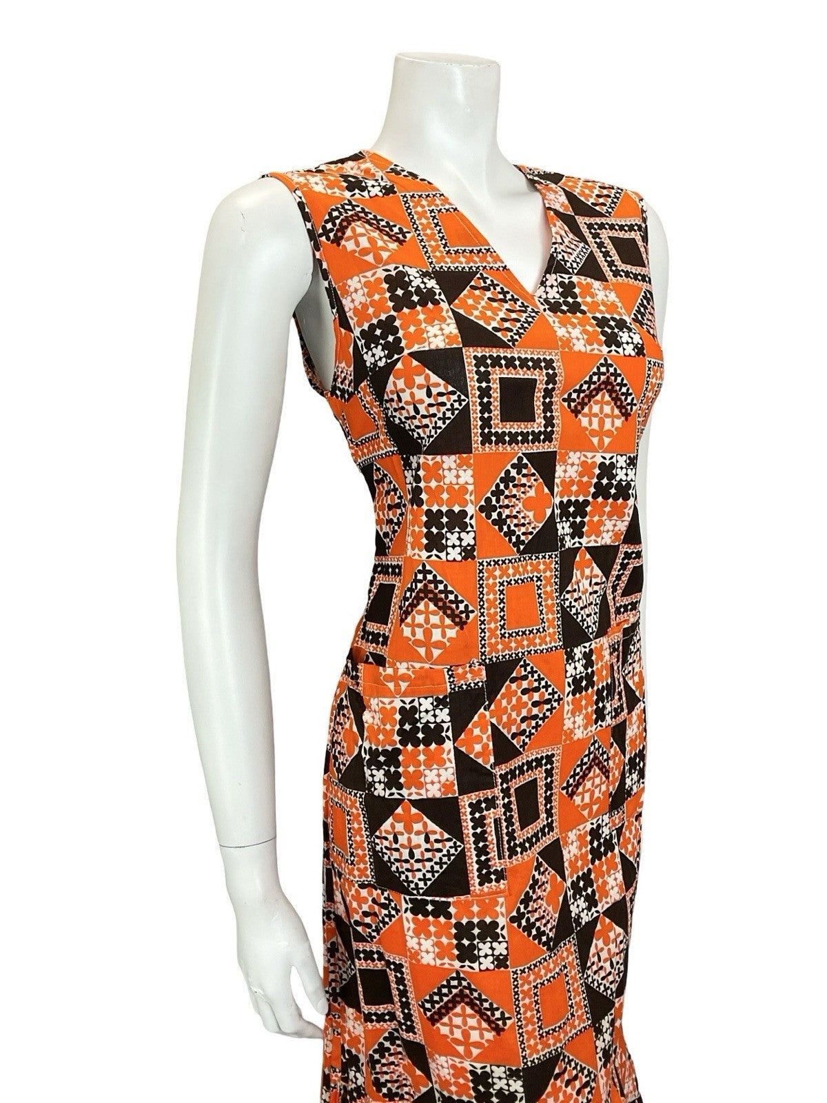 VTG 60S 70S BROWN ORANGE WHITE GEOMETRIC FLORAL TILED V NECK RUFFLE DRESS 12