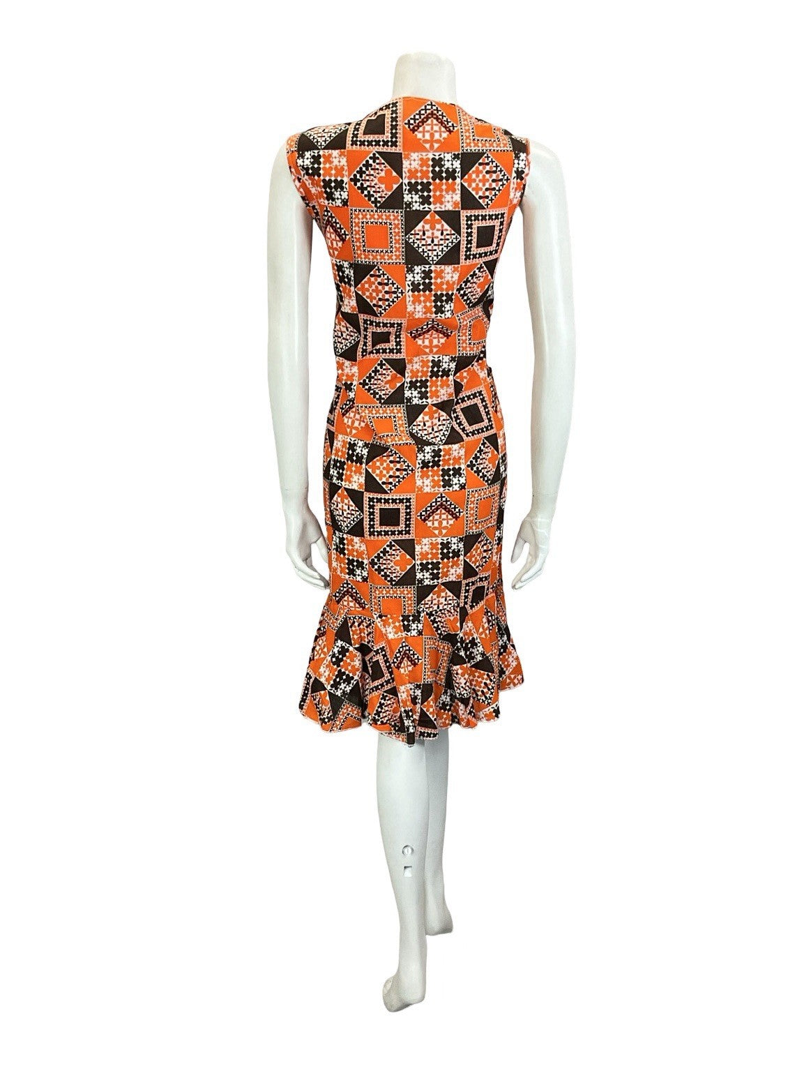 VTG 60S 70S BROWN ORANGE WHITE GEOMETRIC FLORAL TILED V NECK RUFFLE DRESS 12