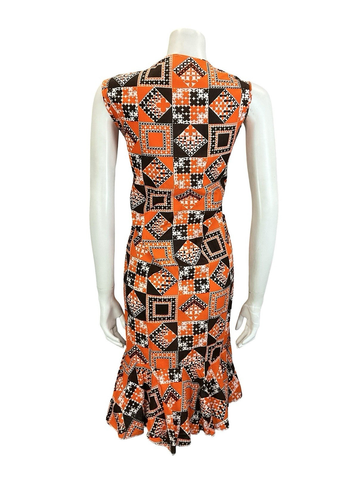 VTG 60S 70S BROWN ORANGE WHITE GEOMETRIC FLORAL TILED V NECK RUFFLE DRESS 12