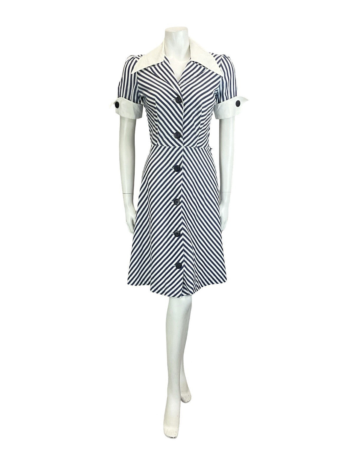 VTG 60S 70S BLUE WHITE NAUTICAL STRIPE CHEVRON WING COLLAR A. LINE DRESS 8