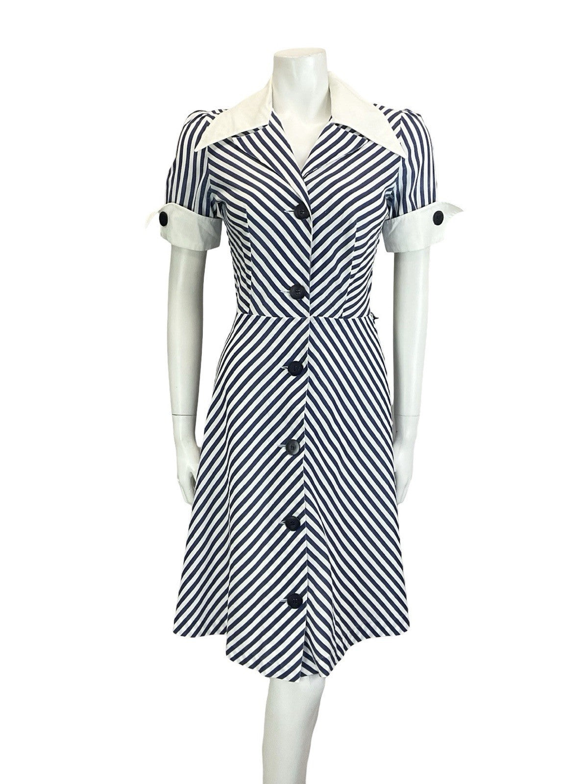 VTG 60S 70S BLUE WHITE NAUTICAL STRIPE CHEVRON WING COLLAR A. LINE DRESS 8