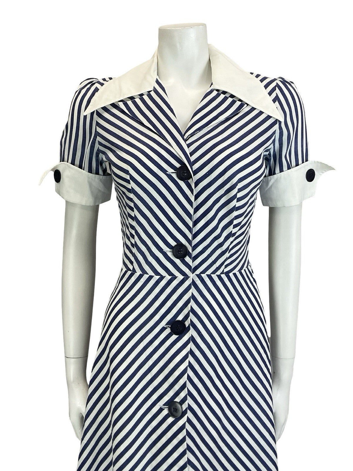 VTG 60S 70S BLUE WHITE NAUTICAL STRIPE CHEVRON WING COLLAR A. LINE DRESS 8