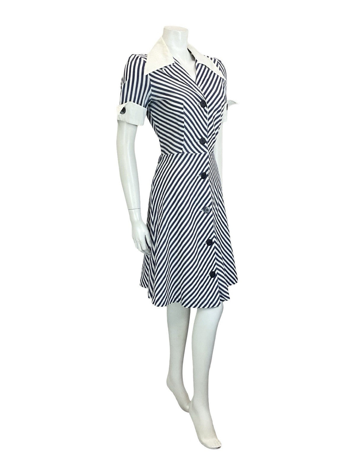 VTG 60S 70S BLUE WHITE NAUTICAL STRIPE CHEVRON WING COLLAR A. LINE DRESS 8