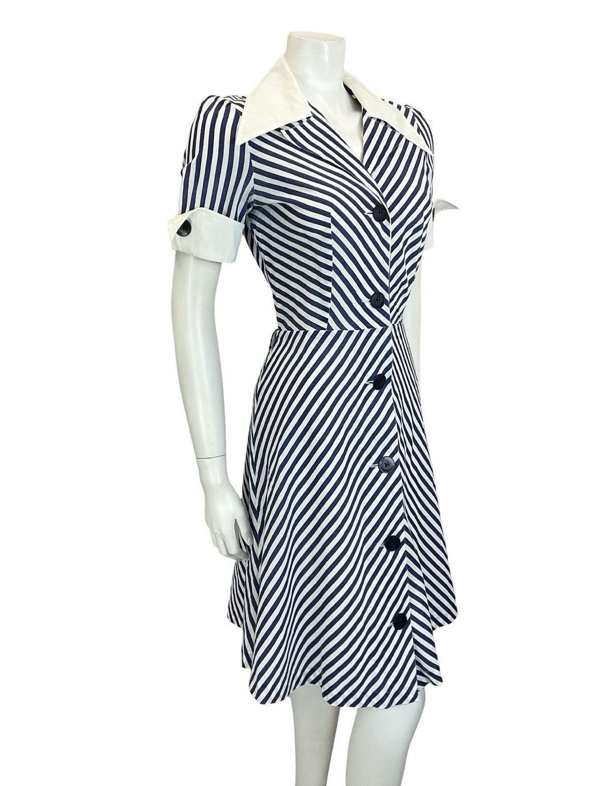 VTG 60S 70S BLUE WHITE NAUTICAL STRIPE CHEVRON WING COLLAR A. LINE DRESS 8