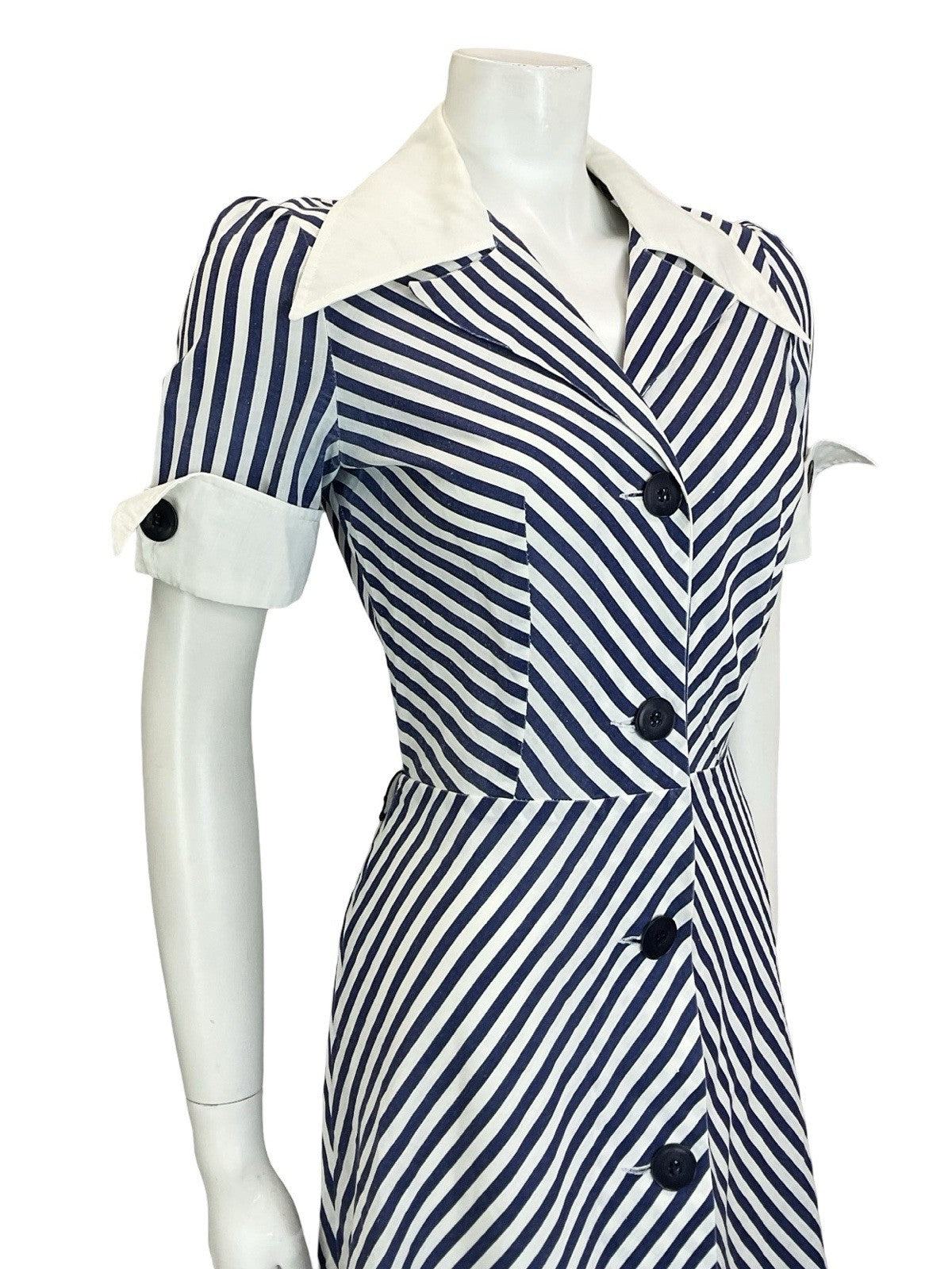 VTG 60S 70S BLUE WHITE NAUTICAL STRIPE CHEVRON WING COLLAR A. LINE DRESS 8