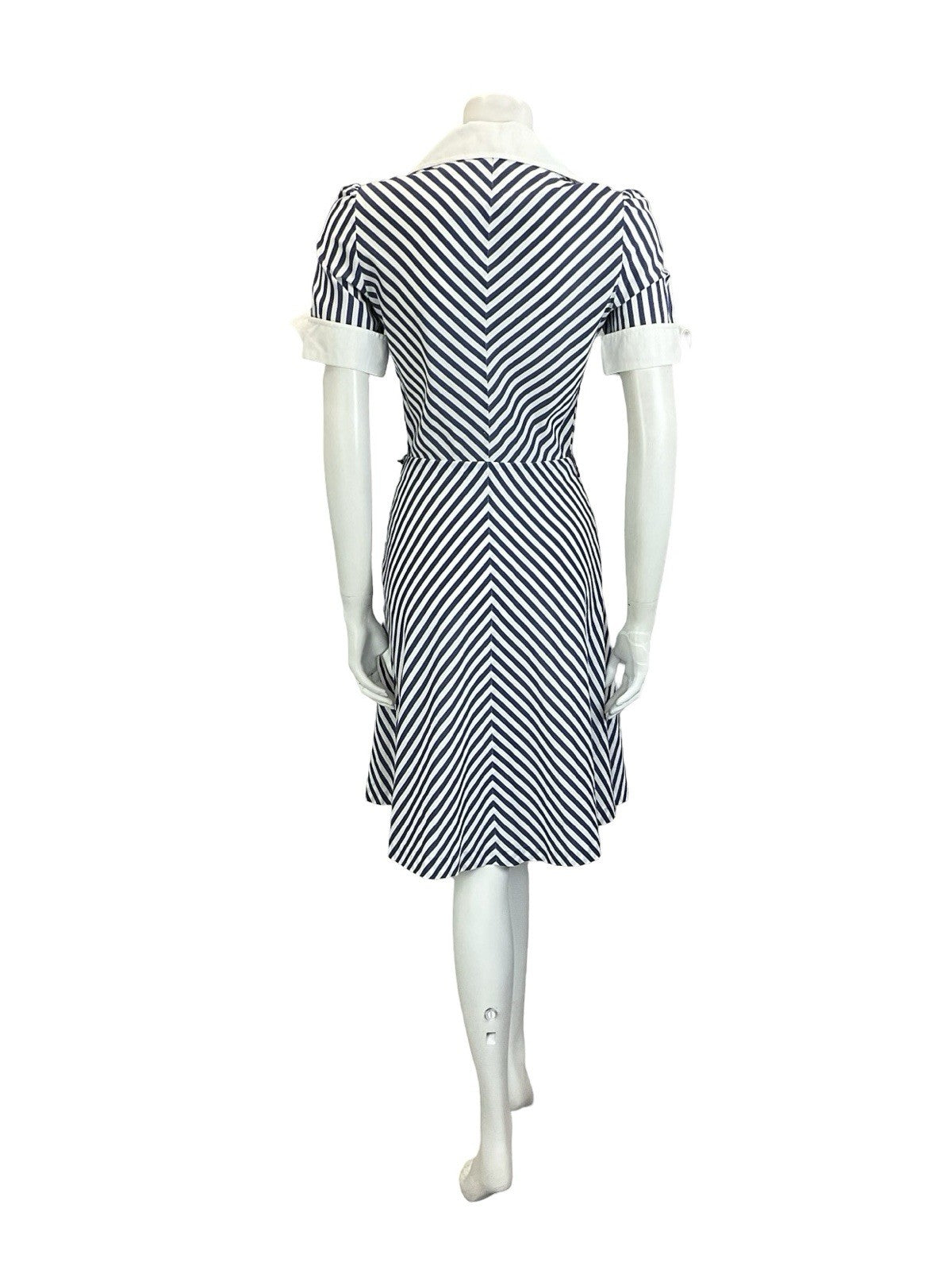 VTG 60S 70S BLUE WHITE NAUTICAL STRIPE CHEVRON WING COLLAR A. LINE DRESS 8