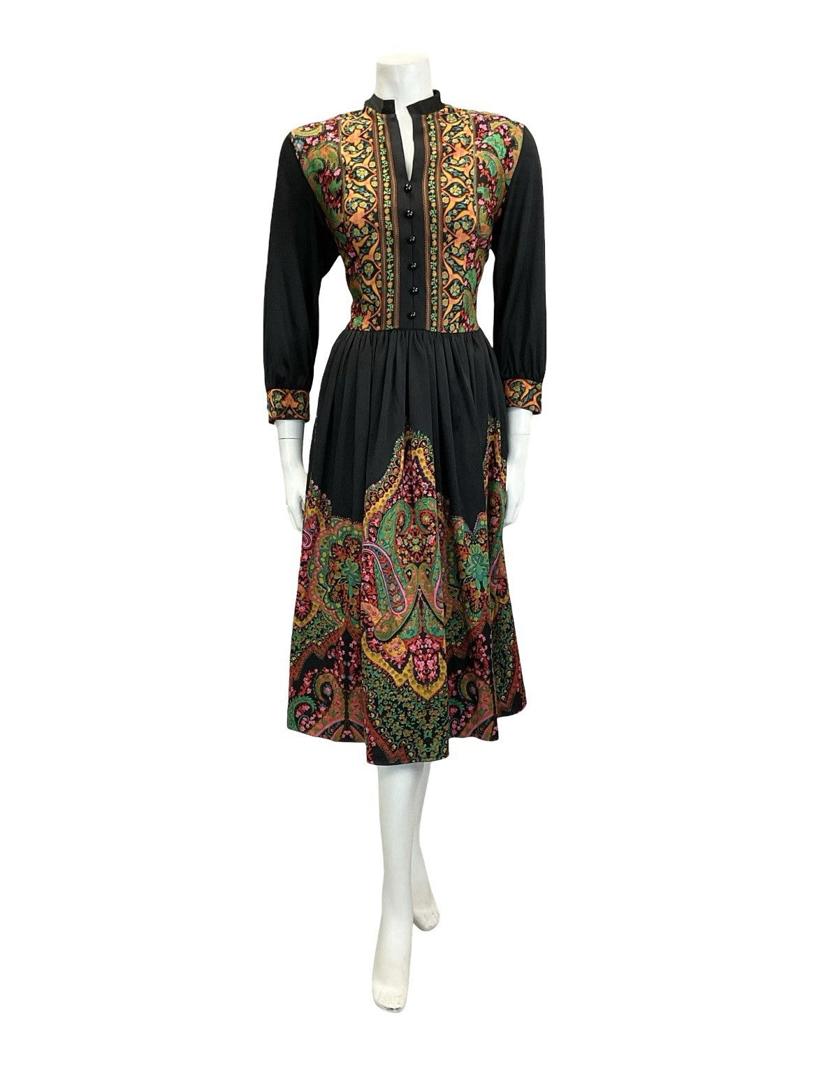 VTG 60S 70S BLACK GREEN PINK YELLOW BOHO MANDALA FLORAL PAISLEY TUNIC DRESS 14