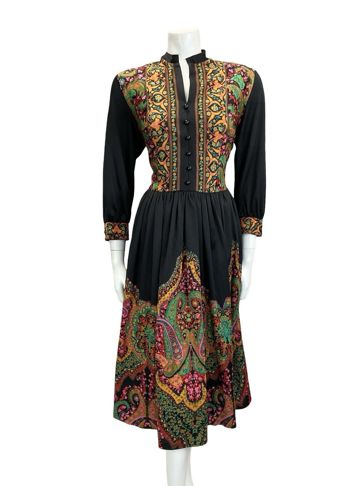 VTG 60S 70S BLACK GREEN PINK YELLOW BOHO MANDALA FLORAL PAISLEY TUNIC DRESS 14