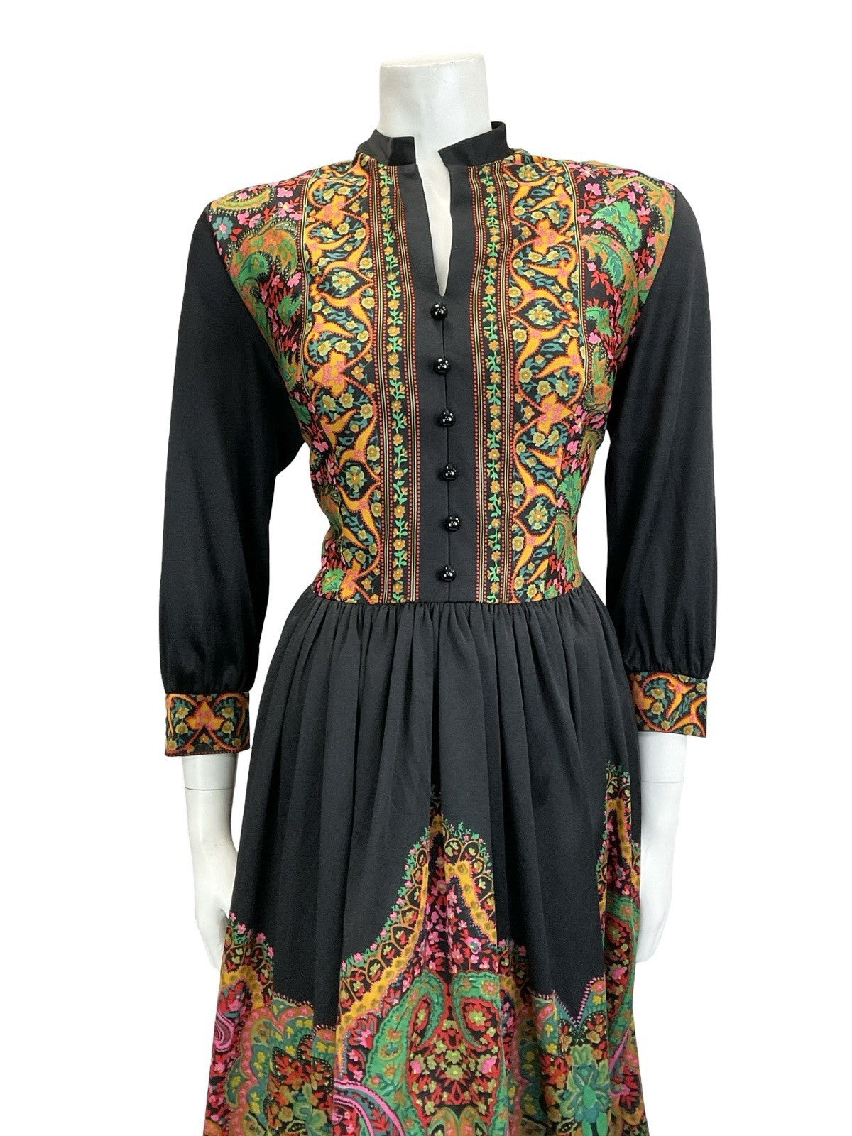 VTG 60S 70S BLACK GREEN PINK YELLOW BOHO MANDALA FLORAL PAISLEY TUNIC DRESS 14