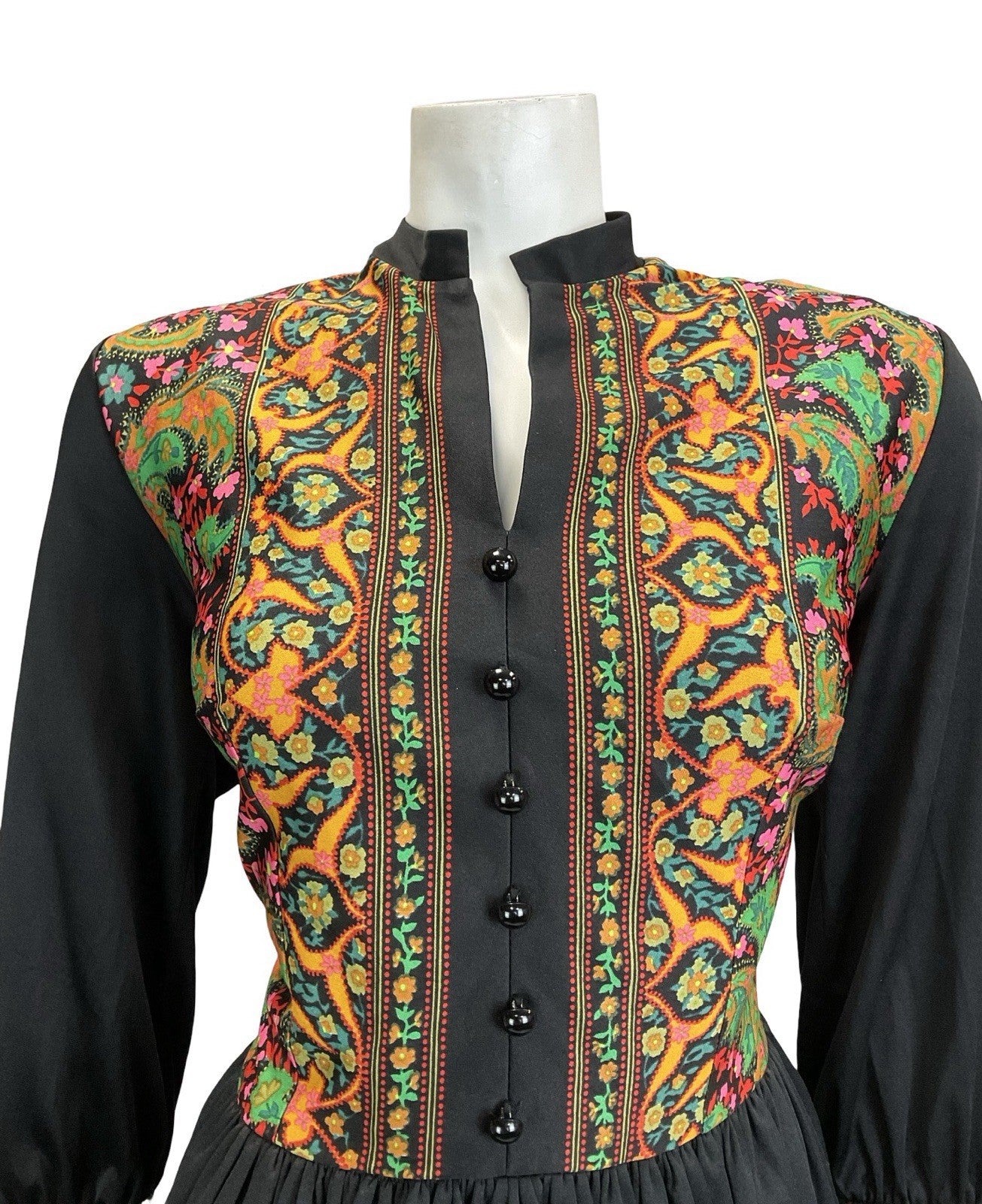 VTG 60S 70S BLACK GREEN PINK YELLOW BOHO MANDALA FLORAL PAISLEY TUNIC DRESS 14