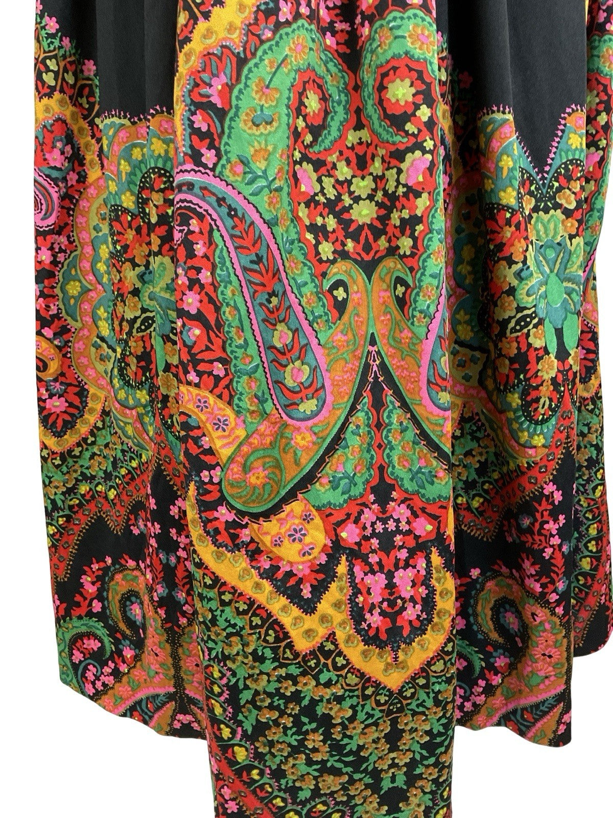 VTG 60S 70S BLACK GREEN PINK YELLOW BOHO MANDALA FLORAL PAISLEY TUNIC DRESS 14