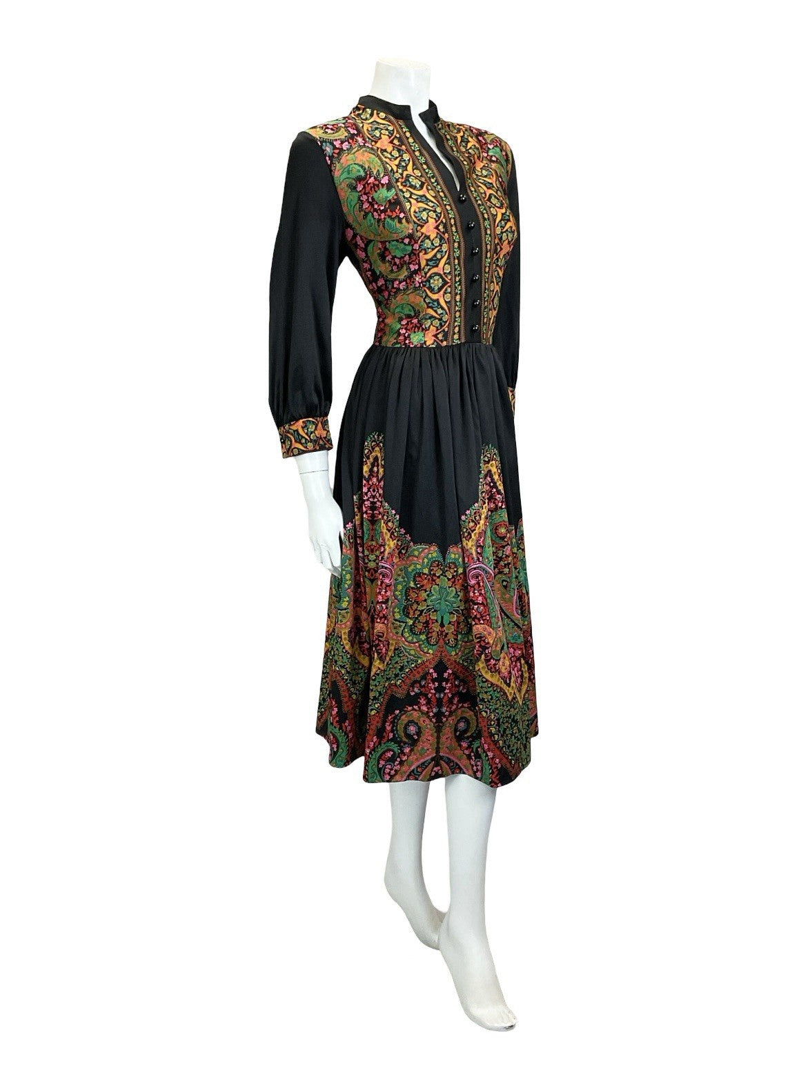 VTG 60S 70S BLACK GREEN PINK YELLOW BOHO MANDALA FLORAL PAISLEY TUNIC DRESS 14