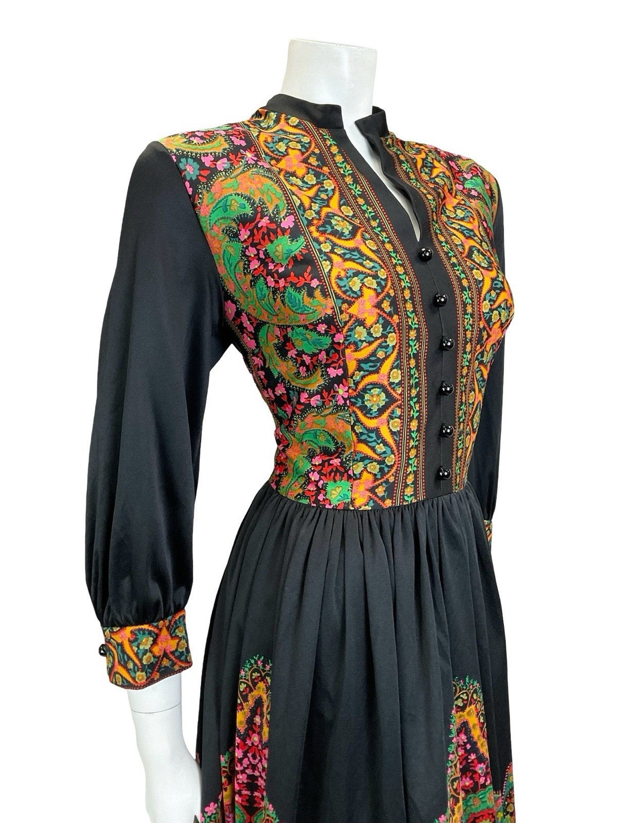 VTG 60S 70S BLACK GREEN PINK YELLOW BOHO MANDALA FLORAL PAISLEY TUNIC DRESS 14