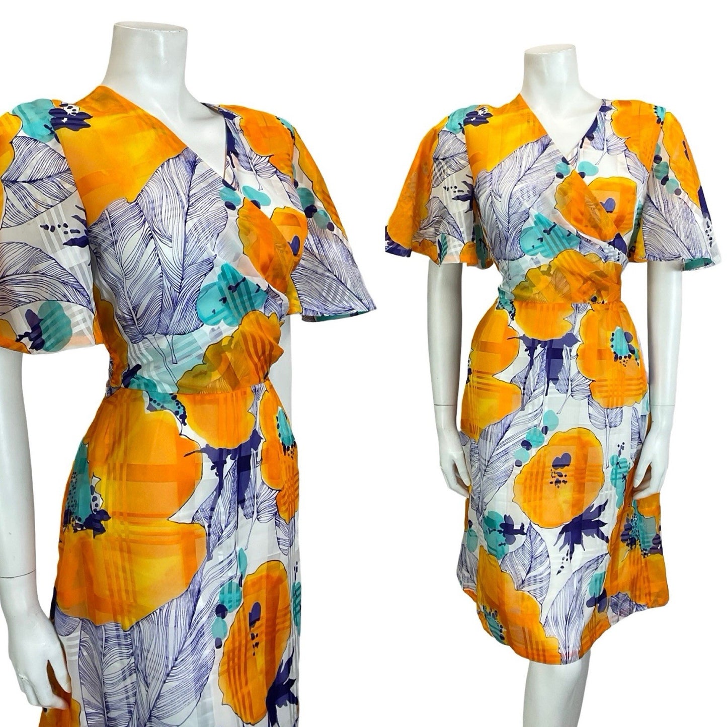 VTG 60S 70S WHITE ORANGE BLUE TEAL ABSTRACT FLORAL ANGEL SLEEVE WRAP TIE DRESS 8